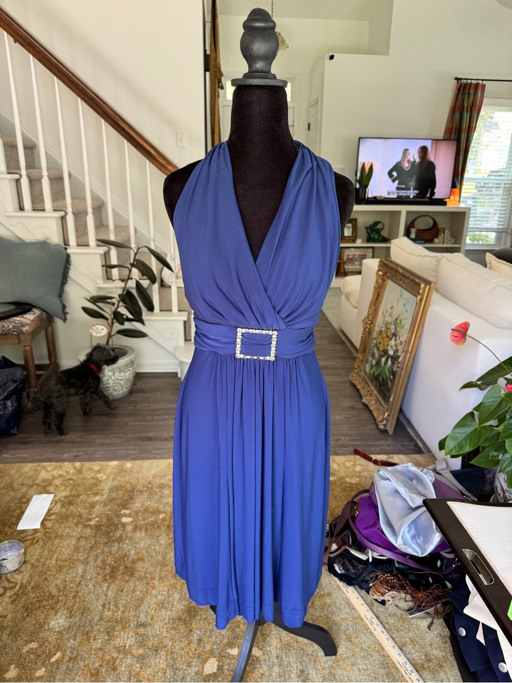 Jones New York Royal Blue Halter Faux-Wrap Midi Dress with Rhinestone Buckle
